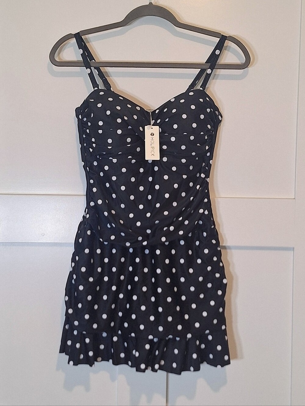 Holipick Polka Dot 1 Piece Swim Suit Ruched Sides Stretch Black White Sz Medium